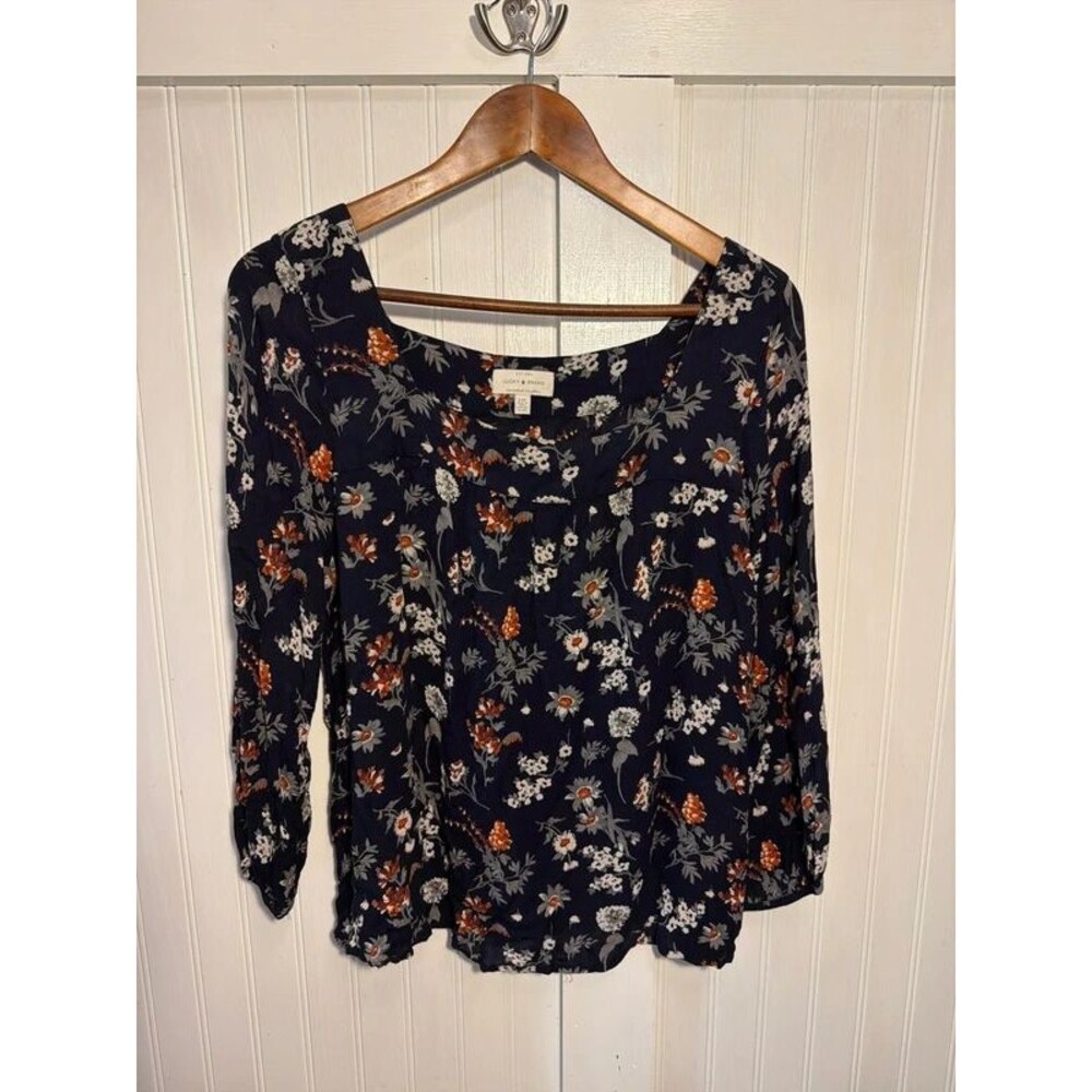 Lucky Brand Blouse women’s L Flowy Fall Floral Navy Boho